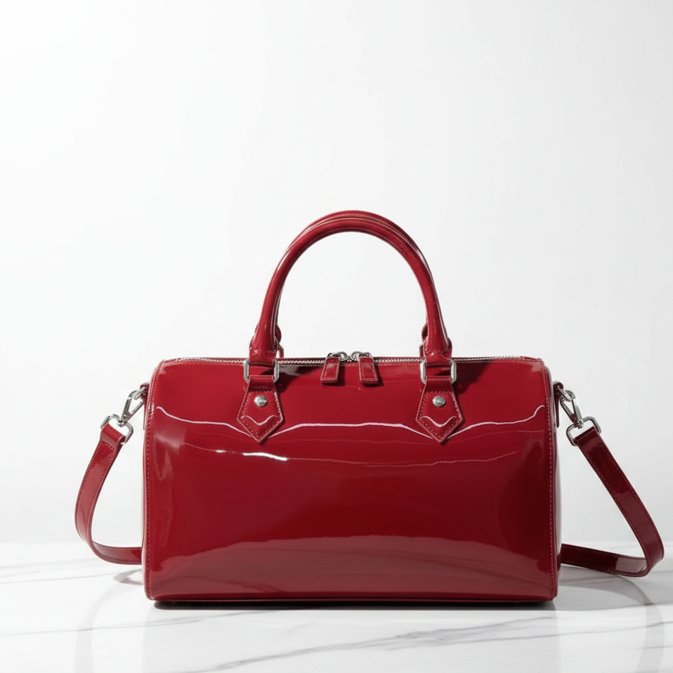 Luxury red patent leather barrel bag with silver hardware on marble surface
