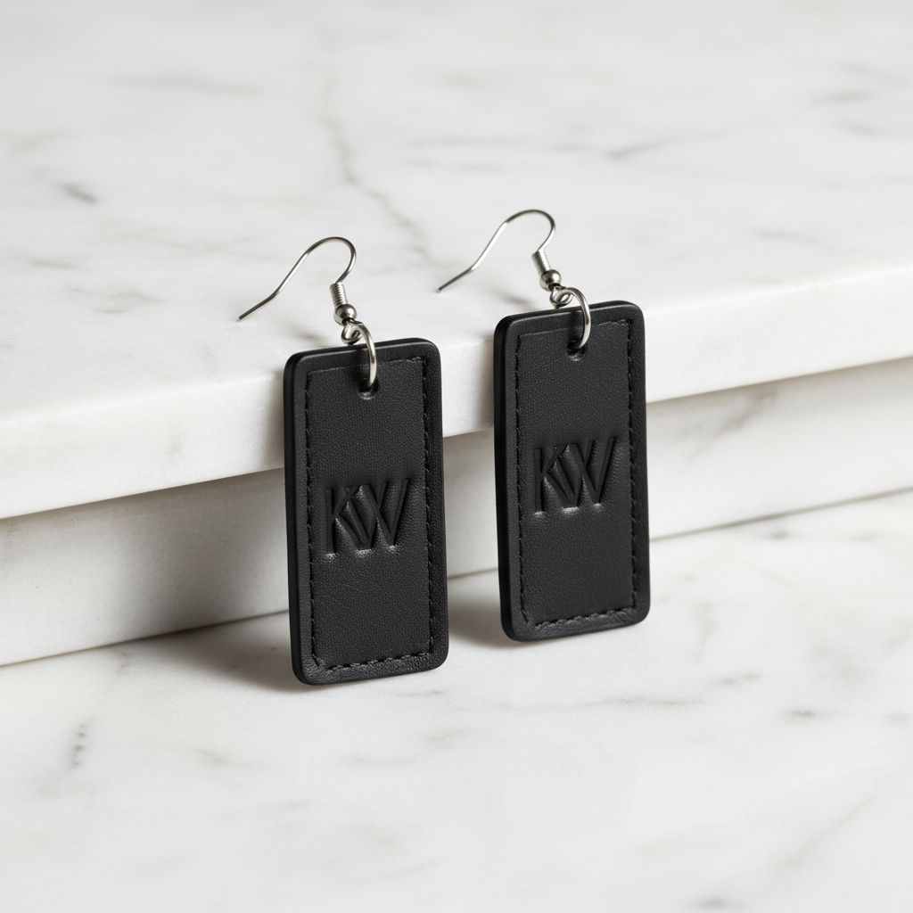 Signature Leather Dangles Medium narrow rectangle black leather earrings with KW debossed logo